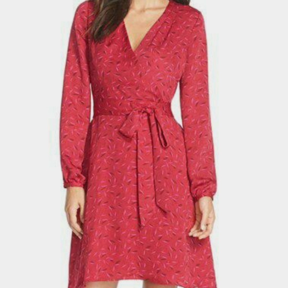 Adrianna Papell Bishop Sleeve Faux Wrap Dress